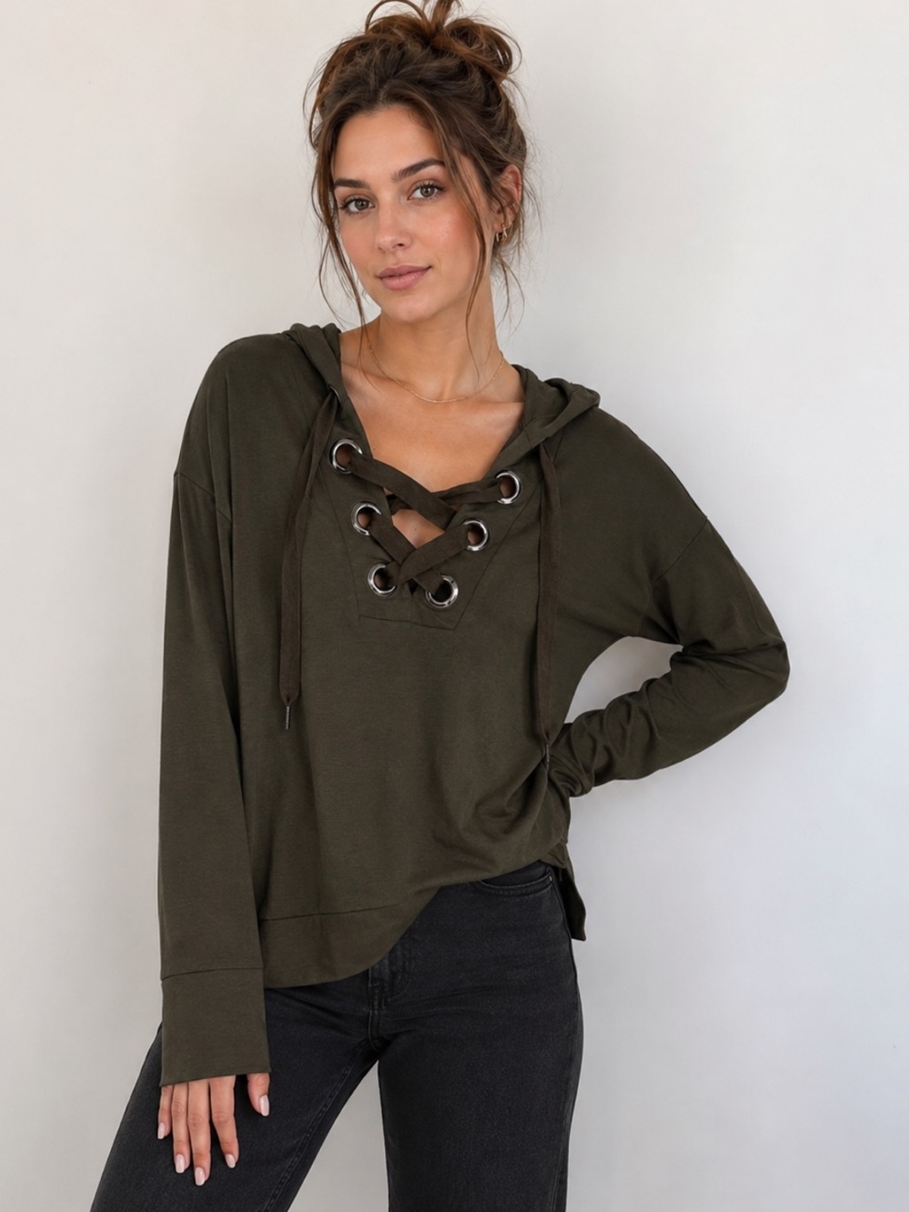 Cable & Gauge Olive Lace up Top